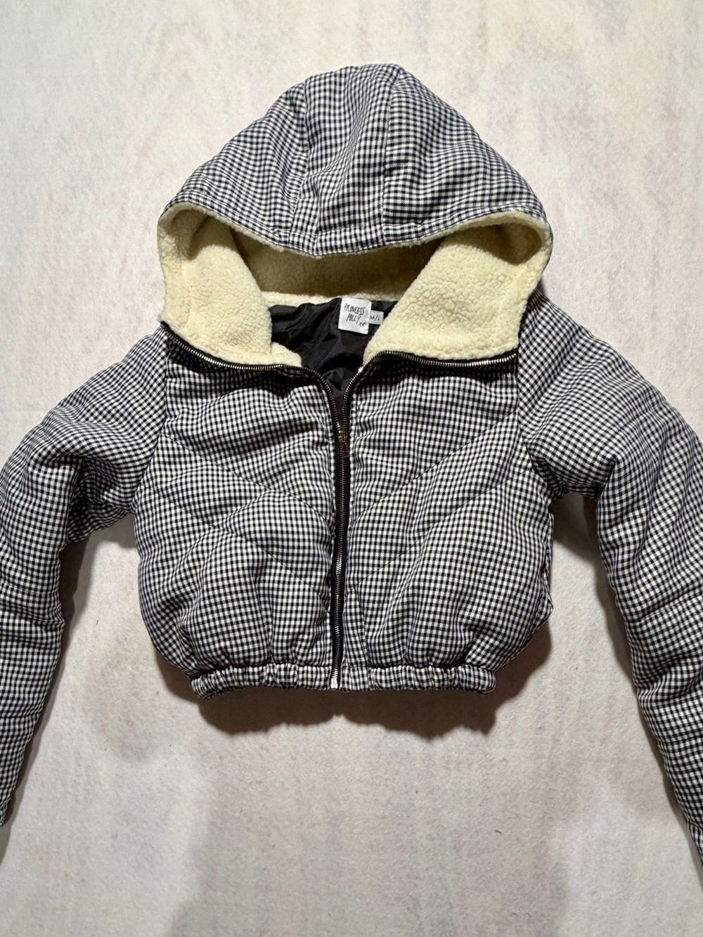 Princess Polly The Kier Checkered Cropped Puffer Jacket Sherpa Hood M/L